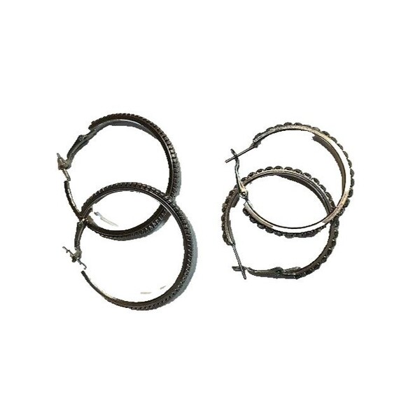 2 Prs of Bohochic Silver Hoop Earrings, 2" All Silver, 1.24" Silver Rhinestones - Picture 1 of 5